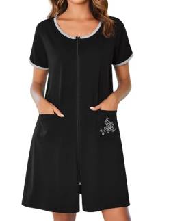 Ekouaer Damen-Hausmantel mit Reißverschluss vorne, kurze Ärmel, Bademantel, Kurzes Nachthemd mit Taschen, S-3XL, A_black, Medium von Ekouaer