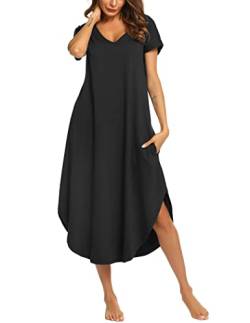 Ekouaer Damen Nachthemd Kurzarm Schlafshirt Damen Nachtkleid Sommer Sleepshirt Baumwolle Hauskleid Lose Sleepwear Bequeme Schlafhemd，Schwarz，XXL von Ekouaer