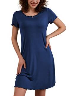 Ekouaer Damen Nachthemd Kurzarm Schlafshirt Rundhals Nachtwäsche Frauen Loose fit Volant Nachtkleid Viskose Rüschen, Blau, S von Ekouaer