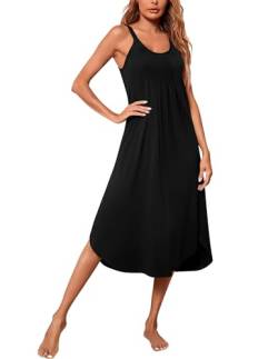 Ekouaer Damen Nachthemd Lang Ärmellos Nachtwäsche Sexy Loose Fit Full Slips Negligee Sleepshirt Soft Jersey Dessous Schwarz L von Ekouaer