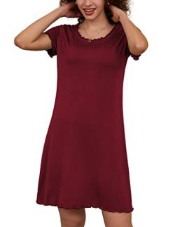 Ekouaer Damen Nachthemd Viskose Schlafshirt Kurzarm Nachtwäsche Negligees Schlafhemd T-Shirt Sleepshirt, A-Rotwein, XXL von Ekouaer