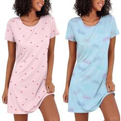 Ekouaer Damen Nachthemd Zweiteiliger Floral Sleepshirt Kurzarm Nachtwäsche Schlafhemd Sommer Nachtkleid Kurz Negligees 2er Pack, Herz+Schmetterling, XL von Ekouaer