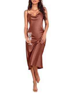 Ekouaer Damen-Nachthemd aus Satin, sexy Dessous, Nachtwäsche, Spaghettiträger, Wasserfallausschnitt, elegant, lang, Satin, Seide, Midi-Kleid, Braun, Medium von Ekouaer