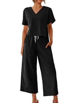 Ekouaer Damen Pyjama Set 2 Stück Outfits Kurzarm Oberteil Weite Bein Hose Baumwolle Leinen Loungewear Set Casual Trainingsanzug, Schwarz, S von Ekouaer