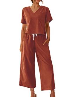 Ekouaer Damen Pyjama Set 2 Stück Outfits Kurzarm Oberteil Weite Bein Hose Baumwolle Leinen Loungewear Set Casual Trainingsanzug, Ton, S von Ekouaer