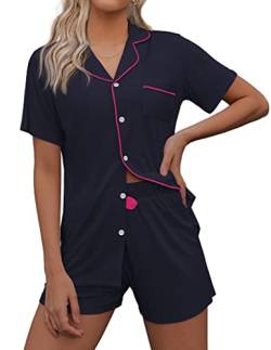 Ekouaer Damen Pyjama Set Schlafanzug Damen Kurz Zweiteiliger Pyjama Set Zweiteiliger Kurzarm Hose Hausanzug Nachtwäsche Lässig für Damen,Naviblue,XL von Ekouaer