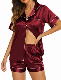 Ekouaer Damen Pyjama Set V-Ausschnitt Schlafanzug Sommer Hausanzug für Frauen Kurzarm Sleepshirt mit Knöpfe,Rot,M von Ekouaer