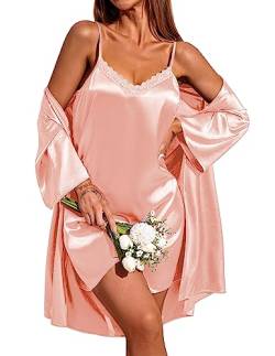 Ekouaer Damen Satin Morgenmantel mit Sexy Nachthemd Zweiteiliger Negligee Set Babydoll Hausanzug Rosa XL von Ekouaer