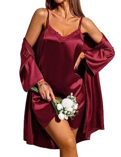 Ekouaer Damen Satin Morgenmantel mit Sexy Nachthemd Zweiteiliger Negligee Set Valentinstag Hausanzug Rot XL von Ekouaer