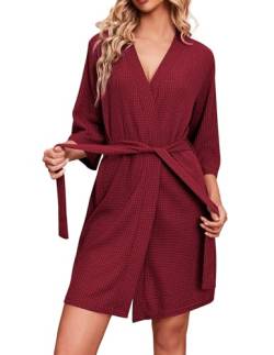 Ekouaer Damen Saunamantel Kurz mit 3/4 Ärmel Braut Morgenmantel Casual Nachthemd Sexy Kimono Kurz Cardigan Rot XL von Ekouaer