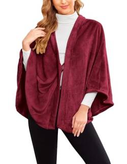 Ekouaer Damen Schal Flanell Faux Poncho Fleece Stole Winter Cape Elegant Open front, Weinrot M von Ekouaer