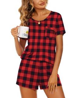 Ekouaer Damen Schlafanzug Kurzarm Nachtwäsche Pyjamas Set Schlafanzüge Zweiteiliger Nachtwäsche Hausanzug, Plaid, M von Ekouaer