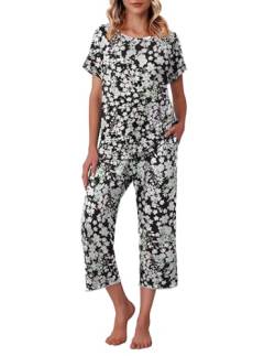 Ekouaer Damen Schlafanzug Kurzarm Nachtwäsche Tops und Caprihose Niedlich Print Pyjama Sets mit Taschen, A_White Flowers, XL von Ekouaer