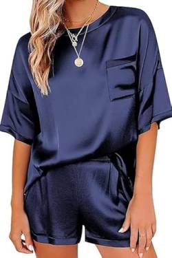 Ekouaer Damen Schlafanzug Kurzer Schlafanzug Damen Tops Satin Shorty Sleepwear Nachtwäsche Set Zweiteiliges Schlafset Loungewear mit Tasche,Blau,XXL von Ekouaer