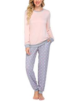 Ekouaer Damen Schlafanzug Lang Pyjamaset Rundhals Nachtwäsche Zweiteilige Sleepwear Loungewear Hausanzug Rosa + Grau S von Ekouaer