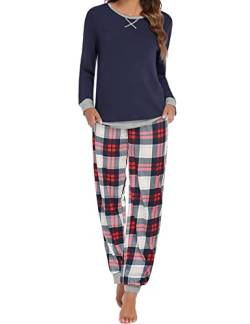 Ekouaer Damen Schlafanzug Lang Zweiteiliger Pyjama Set Rundhals Hausanzug Sleepwear Nachtwäsche Oberteil und Hose,Blau,XL von Ekouaer