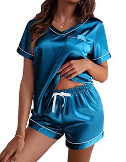 Ekouaer Damen Schlafanzug Satin Pyjama Set mit Taschen Zweiteiler Pyjama Kurzhose Freizeitanzug Sommer Hausanzug Kurzarm, Pfaublau, XL von Ekouaer
