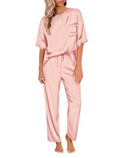 Ekouaer Damen Schlafanzug Satin Pyjama Set mit Taschen Zweiteiler Pyjama Lang Hose Freizeitanzug Sommer Hausanzug Kurzarm lang, Rosa, XL von Ekouaer