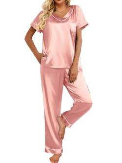 Ekouaer Damen Schlafanzug Satin Pyjama Set mit Taschen Zweiteiler Pyjama Lang Hose Freizeitanzug Sommer Hausanzug Kurzarm lang Rosa XL von Ekouaer