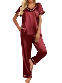 Ekouaer Damen Schlafanzug Satin Pyjama Set mit Taschen Zweiteiler Pyjama Lang Hose Freizeitanzug Sommer Hausanzug Kurzarm lang Rot XL von Ekouaer