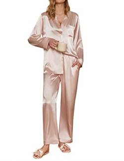 Ekouaer Damen Schlafanzug Satin Pyjama Set mit Taschen Zweiteiler Pyjama Lang Hose Freizeitanzug Winter Hausanzug Langarm lang, Champagner, XL von Ekouaer