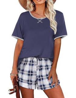 Ekouaer Damen Schlafanzug Set Schlafanzug Plaid Pajamas Set Nachtwäsche Schlafhose Kariert Schlafanzüge Hausanzug Naviblue M von Ekouaer