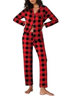 Ekouaer Damen Schlafanzug Zweiteiliger Lang Pyjama Set Herbst Winter Nachtwäsche Sleepwear Kuschelig Loungewear mit Hose Schwarz Rot XL von Ekouaer