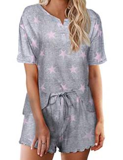 Ekouaer Damen Schlafanzug Zweiteiliger Pyjama Sommer Kurzärmeliges Hausanzug Baumwolle Sleepwear Nachtwäsche Rosa Sterne L von Ekouaer