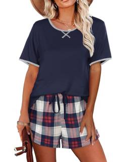 Ekouaer Damen Schlafanzug Zweiteiliger Pyjama Sommer Kurzarm Hausanzug Baumwolle Sleepwear Nachtwäsche Oberteil und Shorts L von Ekouaer