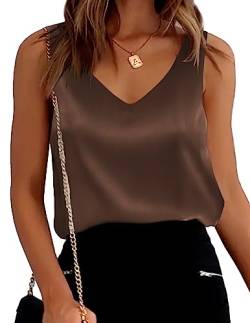 Ekouaer Damen Seiden-Satin-Tank-Top, V-Ausschnitt, lässig, Cami, ärmellos, Camisole Blusen, Sommer Basic Tank Shirt, Dunkelkaffee, XX-Large von Ekouaer