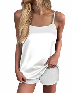 Ekouaer Damen Seidiges Tank Top Camisole Rundhalsausschnitt Camis Y-Rücken Satin Cami Top Spaghettiträger Sexy Cami S-XXL, Weiss/opulenter Garten, XX-Large von Ekouaer