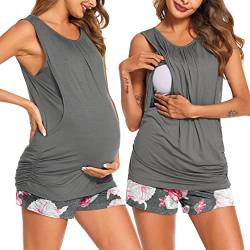 Ekouaer Damen Shlafanzug mit Stillfunktion Ärmellos Pyjama Set für Schwangere Kurz Hose mit Verstellbarem Elastischem Bund & Stillshirt Blumen grau M von Ekouaer