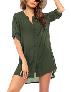 Ekouaer Damen Strandkleid Hemdkleid Kleidung Strand Hemdkleid V-Ausschnitt Rock Sommer Cuffed Sleeve Shirts Tops Armeegrün M von Ekouaer