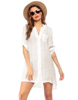 Ekouaer Damen Strandkleid Hemdkleid Kleidung Strand Hemdkleid V-Ausschnitt Rock Sommer Cuffed Sleeve Shirts Tops Beige L von Ekouaer