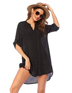 Ekouaer Damen Strandkleid Hemdkleid Kleidung Strand Hemdkleid V-Ausschnitt Rock Sommer Cuffed Sleeve Shirts Tops Schwarz L von Ekouaer