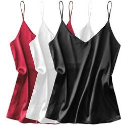 Ekouaer Damen-Tanktop aus Seidensatin, V-Ausschnitt, Camisole mit Spaghettiträgern, lockeres ärmelloses Blusen-Tankshirt, 3er-Pack: Schwarz + Weiß + Weinrot, Groß von Ekouaer