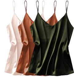 Ekouaer Damen-Tanktop aus Seidensatin, V-Ausschnitt, Spaghettiträger, lockere, ärmellose Blusen, Tank-Shirt, 3er-Pack: Khaki + Champagner + Armeegrün, Groß von Ekouaer