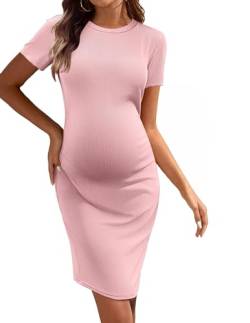 Ekouaer Damen Umstandskleid gerüscht figurbetont Sommerkleider Casual Schwangerschaftskleid, rosa XL von Ekouaer