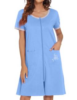 Ekouaer Frauen Reißverschluss Front Haus Mantel Kurze Ärmel Robe Zip Up Bademäntel Kurz Nachthemd mit Taschen S-3XL, A-sky blue, XX-Large von Ekouaer