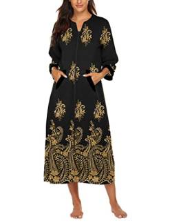 Ekouaer Frauen Reißverschluss Robe 3/4 Ärmel Loungewear Kleid in voller Länge Nachtwäsche Taschen Hausmantel Nachthemd Lange Bademantel, Stil 1-PAT12, XX-Large von Ekouaer