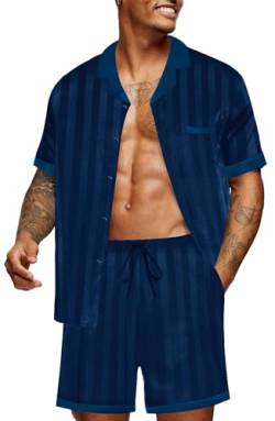Ekouaer Herren Pyjama Schlafanzug Satin V-Ausschnitt Nachtwäsche Kurz Shorty Set mit Knöpfe Sommer, Blau-Gestreift, XL von Ekouaer