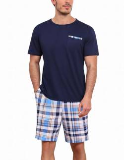 Ekouaer Herren Pyjama Set Kurzarm Nachtwäsche Schlafshorts Zweiteiliger Kurz Hose und T Shirt mit Brusttasche, Dunkelblau+Karierter, M von Ekouaer