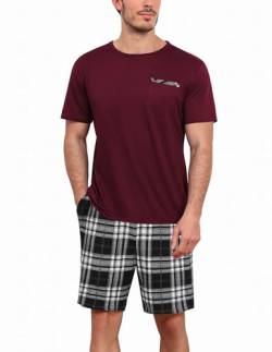 Ekouaer Herren Pyjama Set Kurzarm Nachtwäsche Schlafshorts Zweiteiliger Kurz Hose und T Shirt mit Brusttasche, Dunkelrot+Karierter, M von Ekouaer