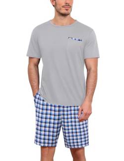 Ekouaer Herren Pyjama Set Kurzarm Nachtwäsche Schlafshorts Zweiteiliger Kurz Hose und T Shirt mit Brusttasche, Grau+Karierter, M von Ekouaer