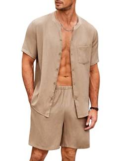 Ekouaer Herren Pyjamaset Kurz Schlafanzug Kurzarm Loungewear Baumwolle Elegant Shorty Hose, Khaki, L von Ekouaer