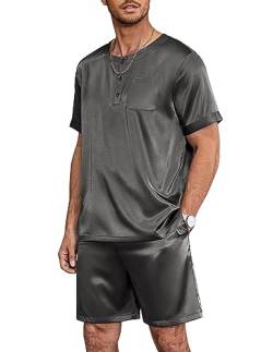 Ekouaer Herren Pyjamaset Kurz Schlafanzug Kurzarm Loungewear Satin Elegant Shorty Hose, Dunkel Grau, M von Ekouaer