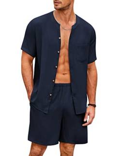 Ekouaer Herren Schlafanzug Kurz Pyjama Baumwolle Kurzarm T-Shirt Pyjamahose Zweiteilig Set Knopfleiste, Navyblau, M von Ekouaer