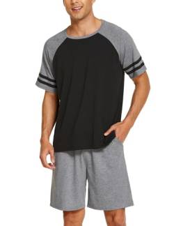 Ekouaer Herren Schlafanzug Kurz Pyjama Kurzarm T-Shirt Pyjamahose Zweiteilig Set Sommer Nightwear Kontrastfarben, Grau Schwarz XL von Ekouaer