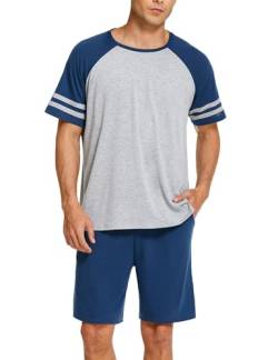 Ekouaer Herren Schlafanzug Kurz Pyjama Kurzarm T-Shirt Pyjamahose Zweiteilig Set Sommer Nightwear Kontrastfarben, Navy blau XL von Ekouaer