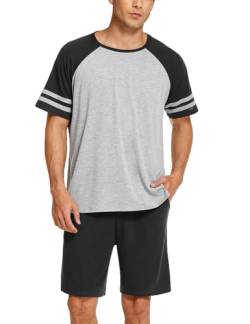 Ekouaer Herren Schlafanzug Kurz Pyjama Kurzarm T-Shirt Pyjamahose Zweiteilig Set Sommer Nightwear Kontrastfarben, Schwarz Grau XXL von Ekouaer